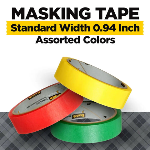 Colored Masking Tape Pack, 3 Rolls (0.94 in x 20 yd / 24 mm x 18.3 m), Red Yellow Green, for Crafts and DIY Projects