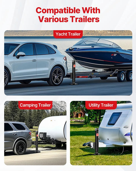 Trailer jack for RVs, boats, and trailers; black finish, 28.6 in lift, cordless drill compatible, includes socket set