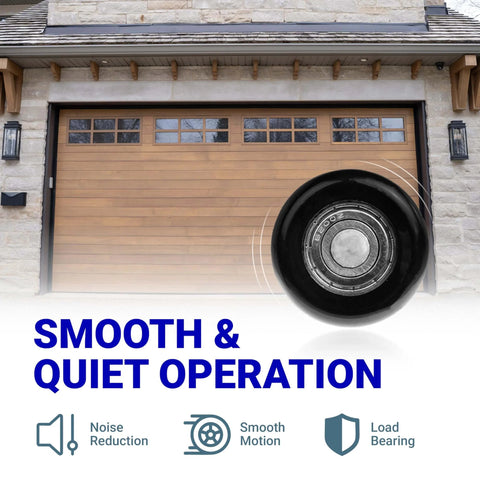 24 Pack 1.8 Inch Nylon Garage Door Rollers With 4.7 Inch Stem 6200ZZ Sealed Bearing Eight Ball Design Quiet Durable Replacement For Standard 2 Inch Track Garage Doors Black, shown with garage door backdrop, highlighting smooth operation features.