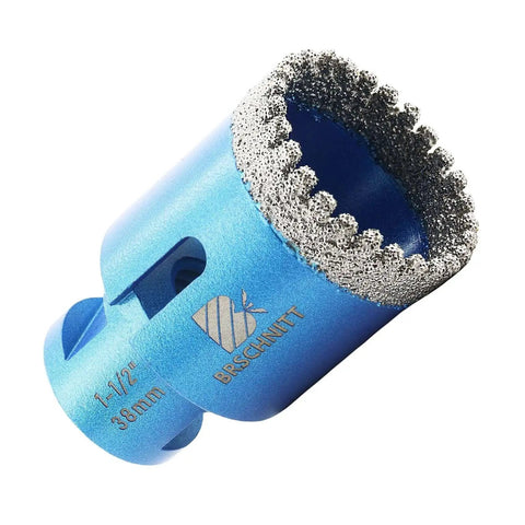 1-1/2 Inch Vacuum Brazed Diamond Core Hole Saw Drill Bit For Dry Drilling Through Porcelain Tile Ceramic Marble Granite And Concrete 38mm Core 10mm Diamond Height 60mm Total Length 5/8-11 Thread BRSCHNITT close-up view