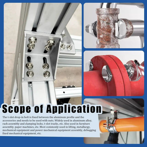 120 Pcs M8 T Slot Drop In Bolts With Hex Flange Nuts Hammer Head T Bolts installed in heavy-duty aluminum extrusion projects