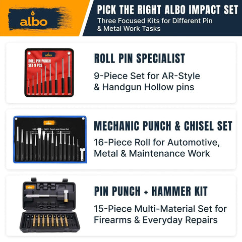 Comparison of three punch and chisel kits, including Must Have 16 Piece Punch And Chisel Kit With Chrome Vanadium Steel Punches for automotive use