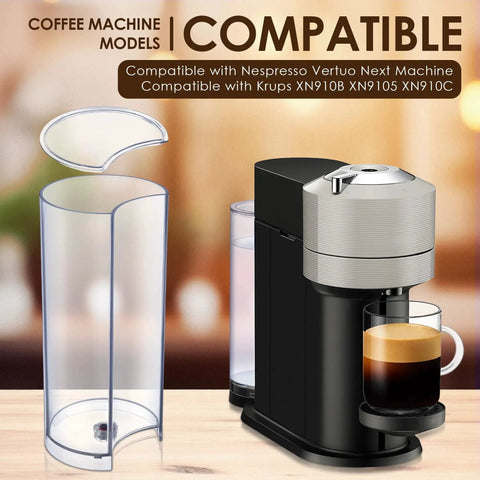Two clear plastic water tanks with lids, replacement parts for Nespresso Vertuo Next, shown beside a coffee machine.