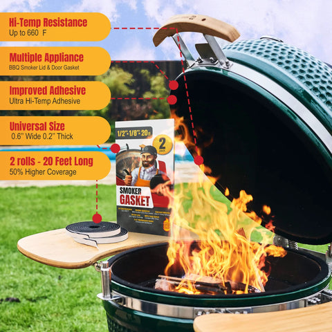 Smoker Chef XXL grill gasket kit: two black 10 ft rolls, hi-temp self-adhesive Nomex seal for BBQ smoker lid.