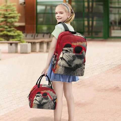 Child carrying Lion Sunglass Backpack With Insulated Cooler Lunch Box, features lion design with sunglasses, outdoor setting.
