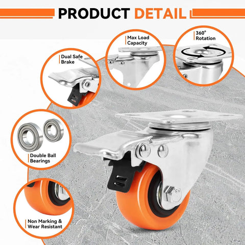 Heavy Duty 2 Inch Plate Caster Wheels Set of 4 With Dual Locking Brakes and Quiet Operation 600 Lb Total Capacity Swivel Casters, detail view