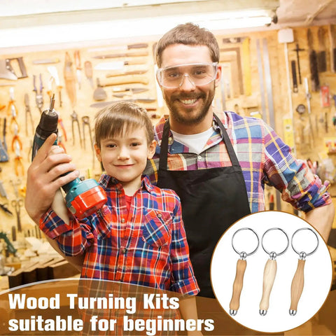 Father and son in workshop with 12 Piece Wood Turning Keychain Kit Set For DIYers And Woodworking Fans Includes Woodturning Mandrel And Accessories Perfect Gift For Carpenters And Hobbyists With 7mm Shank And Silver Finish.