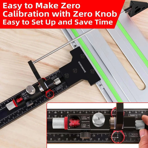 Parallel Guide System For Track Saw With Micro Adjustable Flip Stop And Zero Calibration, installed on wood surface