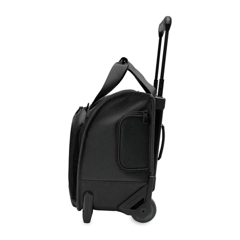 Side view of Baseline Carry On Bag With Smooth Roll 2 Wheel Mobility Softside Luggage That Fits Overhead And Under Seats For Effortless Travel.
