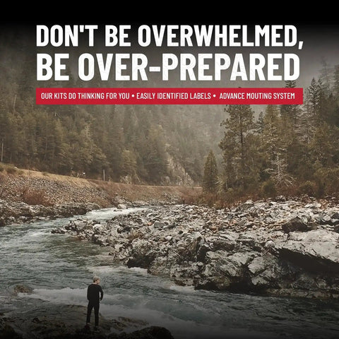 Explorer standing by a river in the wilderness with text promoting the Comprehensive 238 Piece Survival First Aid Kit for travel and emergencies.