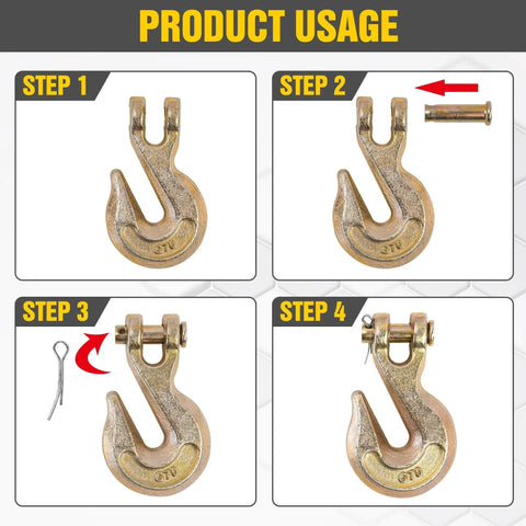 Instruction guide for Three Eighths Inch Clevis Grab Hooks Four Pack Heavy Duty Chain Hooks for Three Eighths Inch Grade 70 Chain.