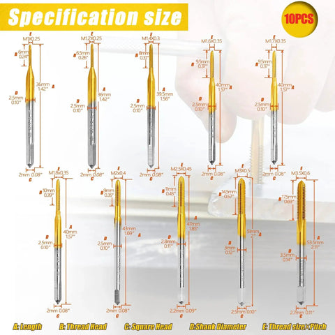 Specification size chart for 10 Pc Micro Metric Tap Set With Wrench M1 To M3.5 Tiny Thread Taps For Small Screws