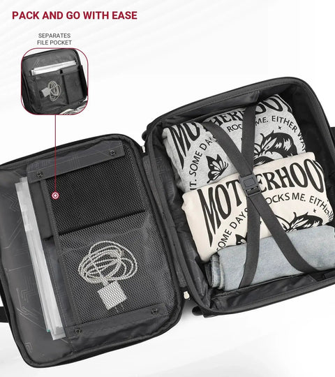 Interior view of Rigid Frame Rolling Laptop Bag With USB Ports And Wheels For Pro On The Go Travel, packed with clothes and accessories.