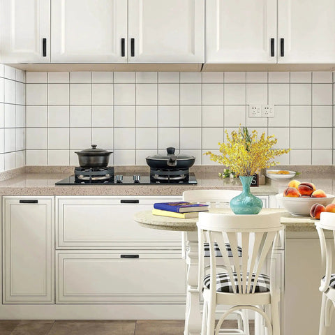 Self Adhesive Cabinet Handles 5.83 Inch Black Zinc Alloy Drawer Pulls installed in a white kitchen.