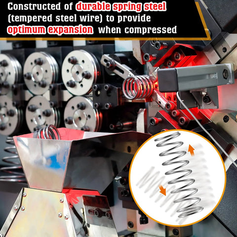 Six stainless steel extension springs, 1/2 in by 1-1/2 in, displayed on industrial machinery with a close-up inset of a coil.