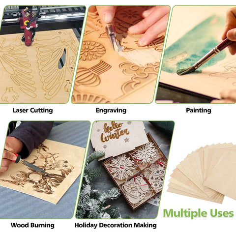 12 Pack Basswood Sheets For Crafts And Laser Engraving 18 By 24 By 1 8 Inch 3mm Thick Unfinished Wood Boards with images of laser cutting, engraving, wood burning, painting, and holiday decoration making uses.