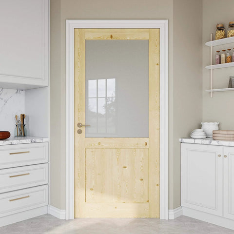36 Inch By 80 Inch Pine Wood Slab Door With Half Frosted Glass For Interior Rooms, Farmhouse Shaker Style installed in kitchen