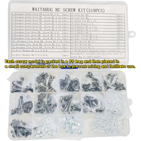 Universal 634 Piece RC Screw Kit in box with compartments for Traxxas Arrma HPI RC4WD Axial Tamiya Redcat Losi and more