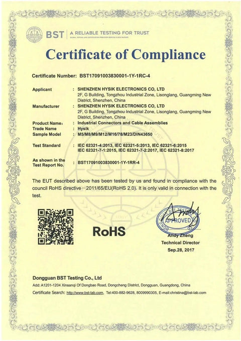 Certificate of Compliance for M12 Male to M8 Female Sensor Adapter With 4 Pin A Coded Connector, showing RoHS approval.