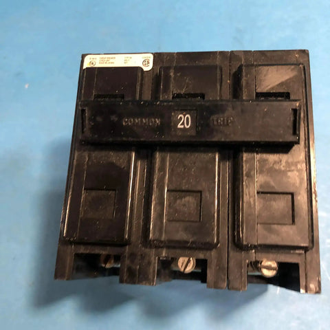 Front view of 3 Pole 20 Amp Bolt On Circuit Breaker BAB3020H for panel installation, miniature thermal magnetic breaker.