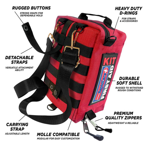 Grab-And-Go First Aid Kit With 300+ Pieces Plus Bonus 95-Piece Travel Pack For Home Office And Outdoors, showing detachable straps and rugged exterior.