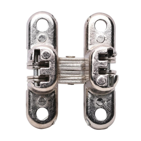 Nickel finish Hidden Cabinet Door Hinge Set 180 Degree Full Open One And Three Quarters Inch Height concealed corner hinge front view