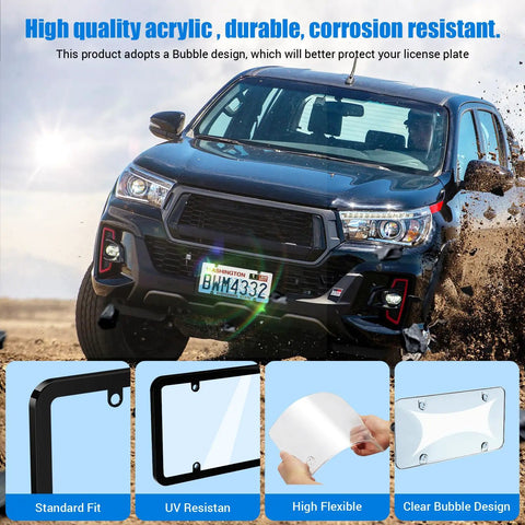 2 Pack Clear License Plate Frame Cover With Curved Surface Design And Bubble Protection Keeps Your Plate Clear From Fading And Rust Anti Corrosion Exterior Automotive Accessory shown on vehicle with close-up of bubble design and mounting.