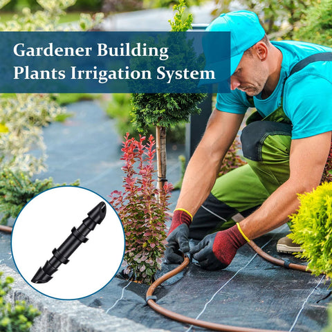 Gardener installing irrigation system with 150 Piece Barbed Connectors For One Quarter Inch Drip Irrigation Tubing in a garden.