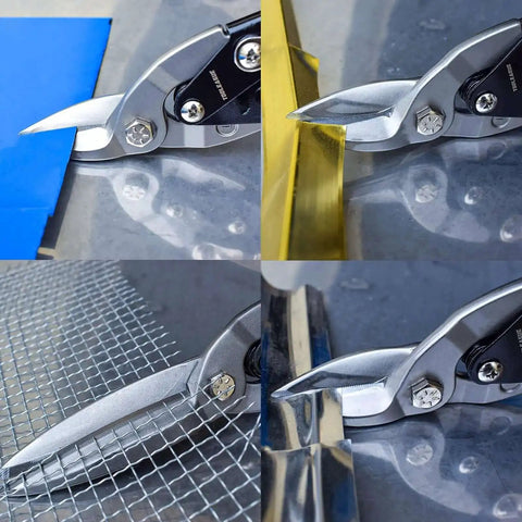 Heavy Duty 12 Inch Aviation Tin Snips With Forged Blade cutting sheet metal and aluminum in various angles