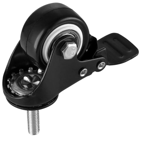 Close-up of a black polyurethane 1.5 inch swivel caster wheel with locking brake and M8 stem for 330 lb capacity