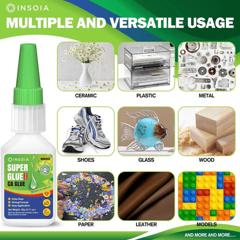 Packaging of Medium CA Glue 20g Premium Cyanoacrylate Super Glue Quick Fix 150 CPS Viscosity Adhesive with usage examples.