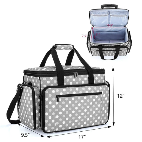 Detachable Dolly Sewing Machine Case With Rolling Tote And Removable Bottom Pad, heavy-duty nylon with gray dots, dimensions marked