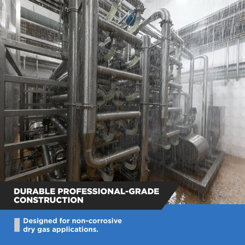 NMT NGR02-50 natural gas regulator assembly on stainless steel pipework in an industrial plant