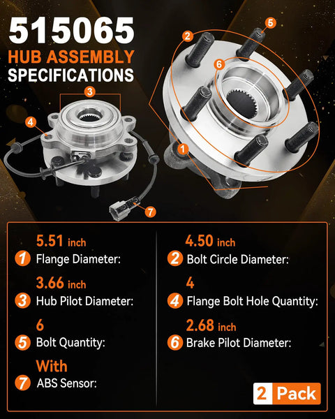 Two Pack 515065 Front Wheel Bearing Hub Assembly Compatible With Nissan Frontier 2005 2019 specifications diagram