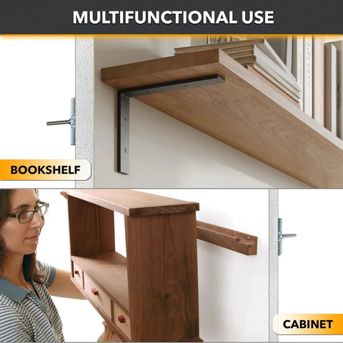 Person installing a wooden shelf and cabinet on a wall using steel stud mounting kit with heavy duty anchors for solid support.