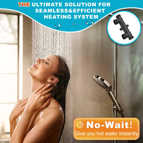 Sensor valve component inset beside a shower scene; black plastic valve for hot water recirculation system