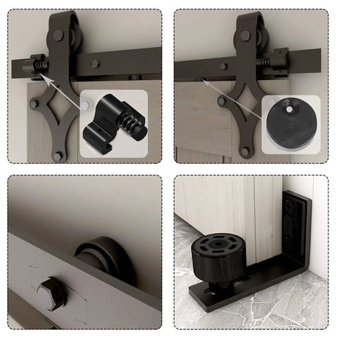 11 Ft Sliding Barn Door Hardware Track Kit with Floor Guide Heavy Duty Built to Last Construction Smooth and Quiet Operation Fits Double Doors Up to 33 Inches Wide Frosted Black Steel Rail System, showing detailed view of hardware components and floor guide for sliding barn door.