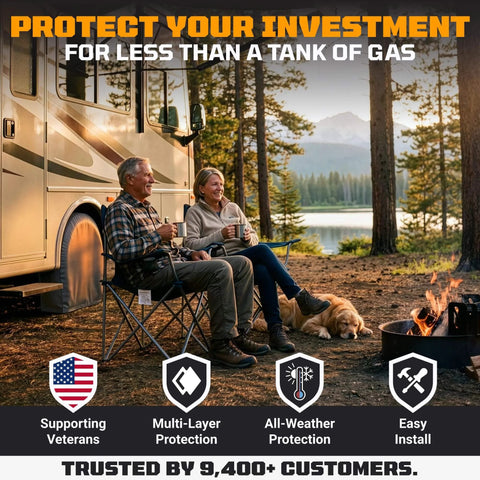 RV parked in forest with camping couple, showcasing Heavy Duty Tire Covers Set Of Four For 26 To 28.75 Inch Tires, All Weather UV Resistant