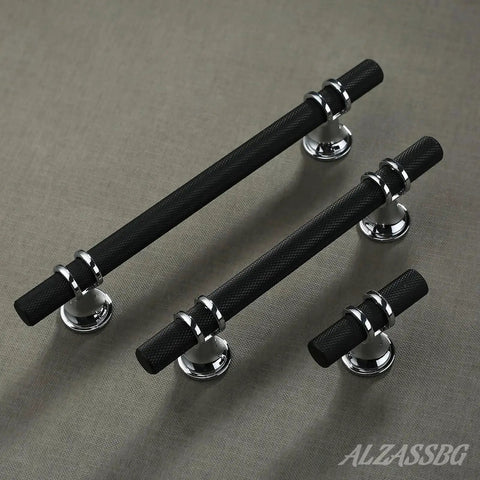 Set Of 10 Matte Black And Silver Cabinet Pulls 3 Inch 76mm Hole Centers Knurled Cabinet Handles displayed on textured surface