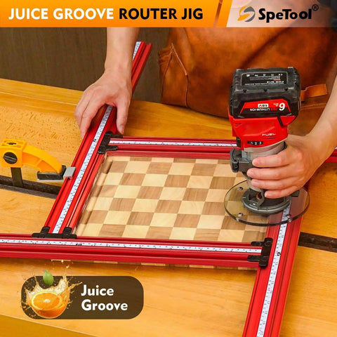 Juice Groove Router Jig For Cutting Boards With Adjustable Templates And Metric Imperial Scales on wooden surface