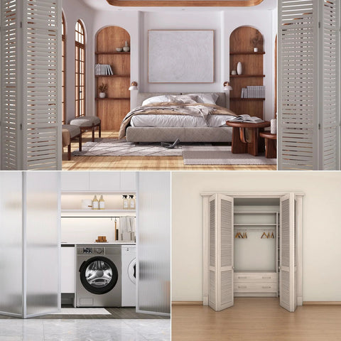 Bi-Fold Closet Door Rollers Seven-Eighths Inch Outer Diameter, Loaded Top Guide Wheels, shown installed on various door styles