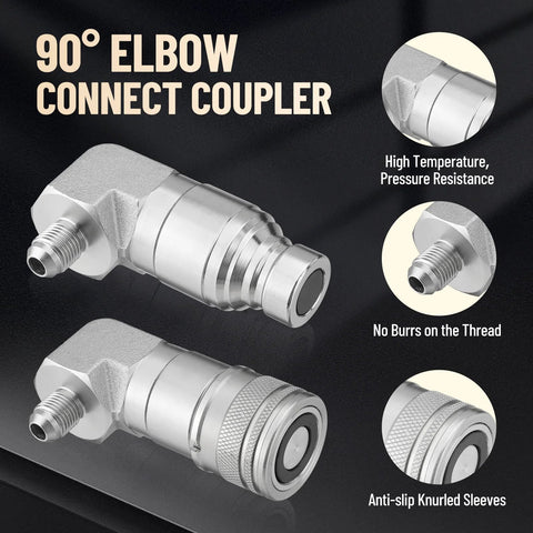 2x Metlead 90° elbow hydraulic quick-connect couplers, 1/2 in body, 3/8 in JIC male, flat-face with dust caps