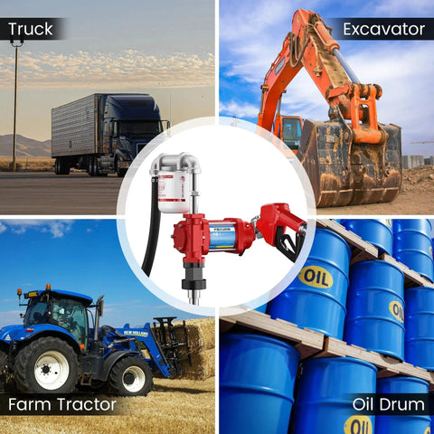 Heavy Duty 12V Fuel Transfer Pump With 10 GPM Flow, Cast Iron Rotary Vane Pump, shown with truck, excavator, farm tractor, oil drums