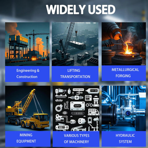 Haichy hydraulic hose collage: six panels show engineering, lifting, forging, mining, machinery, hydraulic system.
