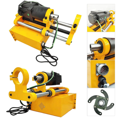 INTSUPERMAI Portable Line Boring Machine 110V Hole Drilling Connecting Rod Boring Machine XDT50 with Hole Diam Ф55 - Ф260mm for Engineering Machinery Repairing, showing front and side views, yellow casing, motor, and accessories.