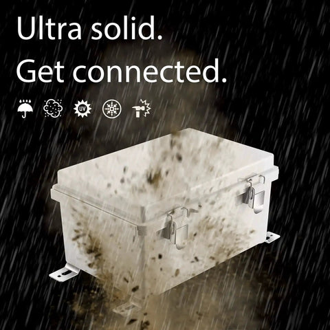 IP67 Waterproof Junction Box Enclosure with Hinged Grey Cover in rain showing weatherproof design with mounting plate and wall bracket