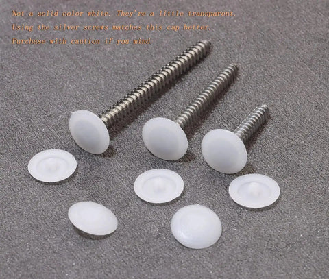 200 Pieces White Plastic Self Tapping Screw Cap Covers 7mm Diameter For Cabinets and Furniture Fittings shown with screws