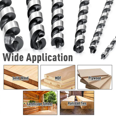 Six Piece Twelve Inch Long Auger Drill Bit Set With Hex Shank From One Quarter To Seven Eighth Inch For Soft And Hard Wood