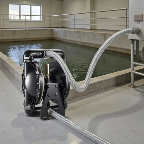 Air-operated double diaphragm pump with aluminum body and 1-inch inlet/outlet hose connection.