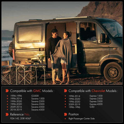 Couple standing beside van with sliding door, compatible with GMC and Chevrolet models listed. Right Passenger Center Side position.